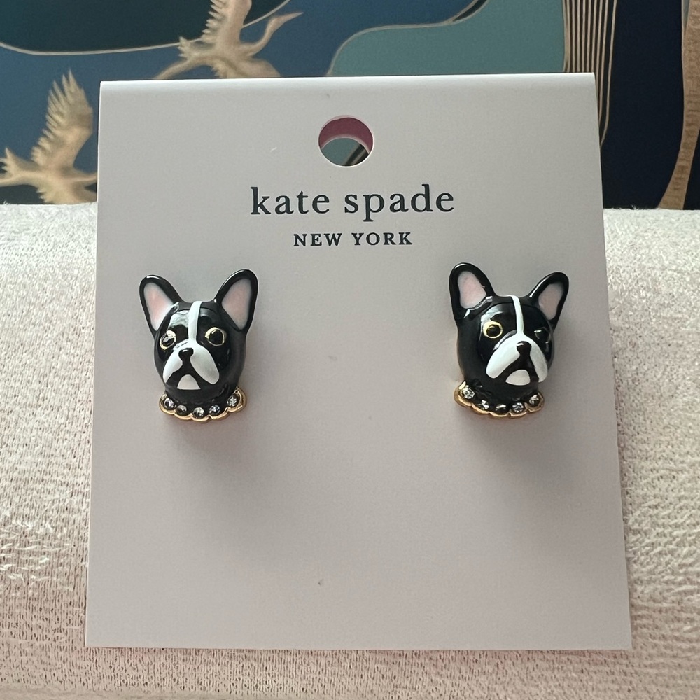 NWT KATE SPADE Black Frenchie Ma Chérie Antoine Dog Stud Earrings